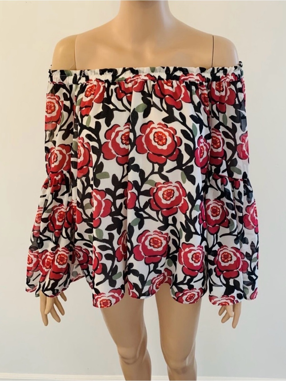 LOFT Red and Black Floral Off-Shoulder Peasant Blouse